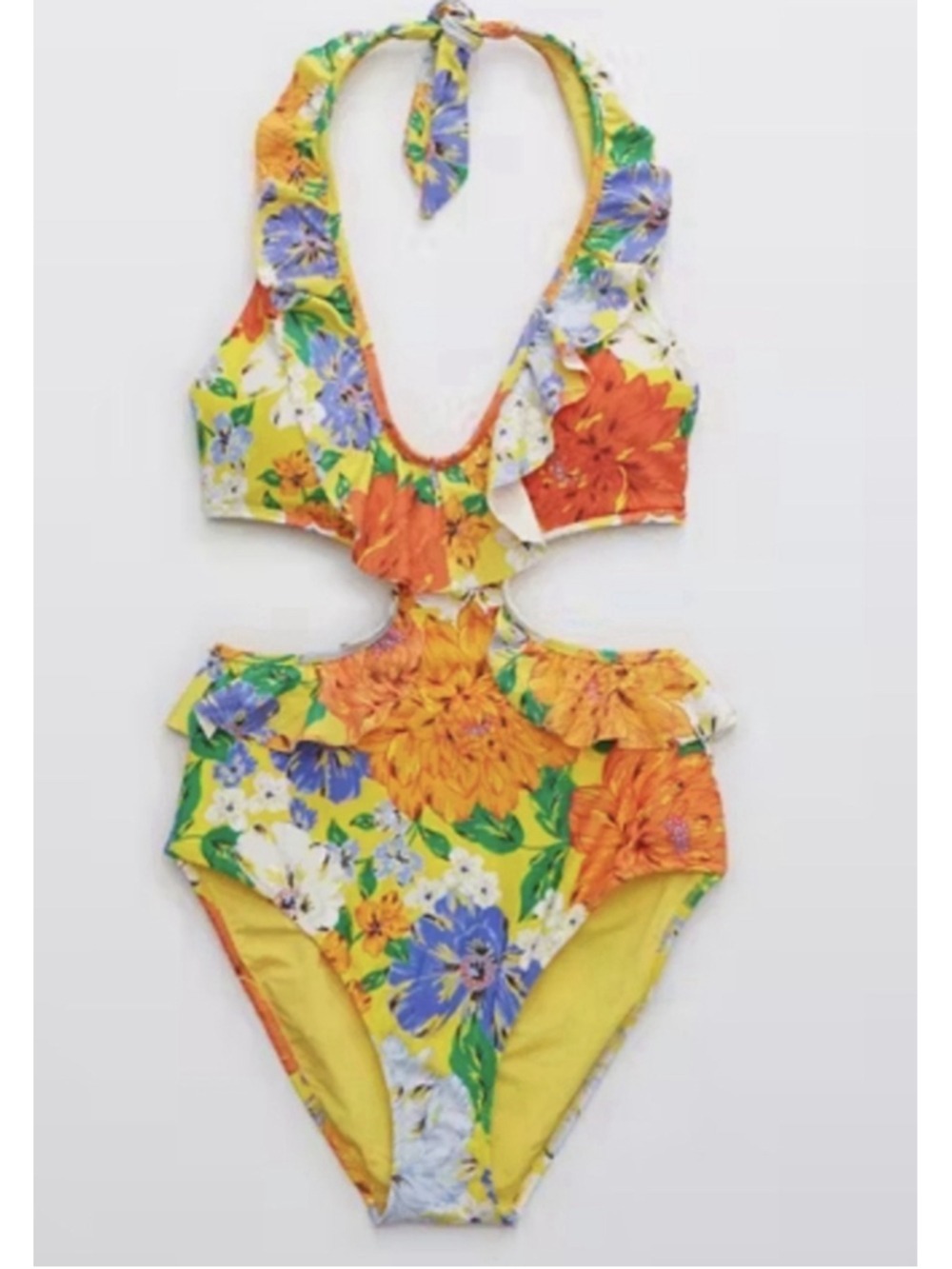 Aerie Yellow Floral Monokini Floral Ruffle Halter One Piece Swimsuit Large - Picture 3 of 13
